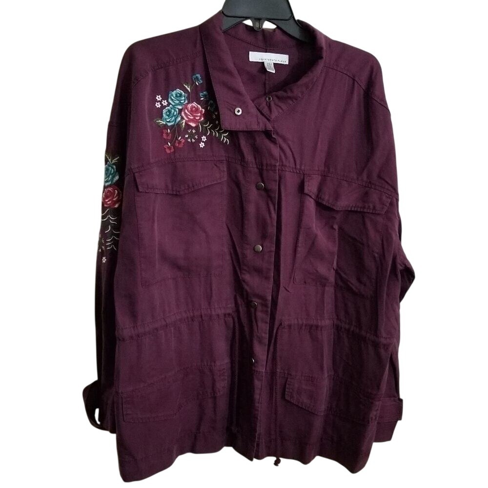 Fourteenth Place XXL Plum Burgundy Embroidered Floral Utility Jacket Snap Front